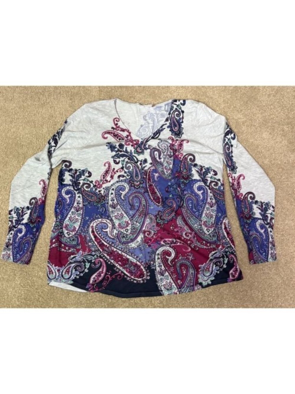 Chico's V Neck Women's Blouse Top Paisley Print Pullover Long Sleeve Size 2